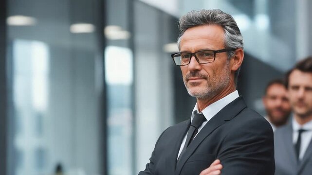 Visionary Leader and Team: A distinguished, mature executive exudes confidence, wearing glasses, in a modern business environment. He stands with his team, embodying leadership and corporate values.