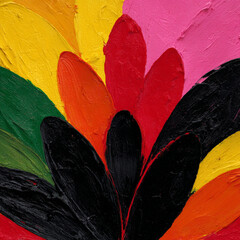 Impasto oil painting with thick palette knife strokes, abstract floral petal arrangement in vibrant saturated colors.