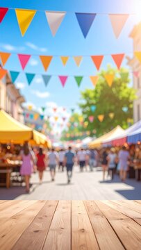 Empty wooden table with blurred background of a vibrant outdoor street market under colorful bunting.