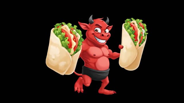 Happy cartoon red devil mascot holding a bowl of very hot spicy sauce or burning inferno soup chili food vector graphic illustration design
