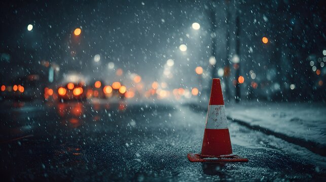 Red traffic cone sits on an asphalt road during a heavy snowstorm with blurred city lights and bokeh in the background for a cinematic mood.
