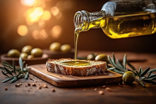 Olive oil being poured onto a piece of bread on a wooden board, with olives and leaves nearby.