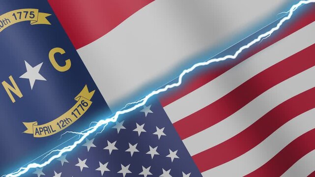 Two waving flags North Carolina and United States with diagonal lightning seamless, 4k loop