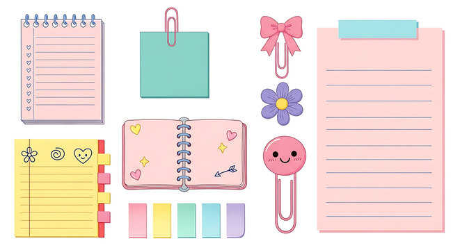 A charming collection of pastel stationery items including notebooks sticky notes a flower and paper clips on transparent background high-quality professional detailed modern elegant