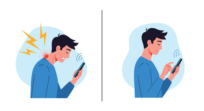 Comparison illustration of a man showing bad neck posture versus good upright posture while looking at a smartphone screen for health tips.
