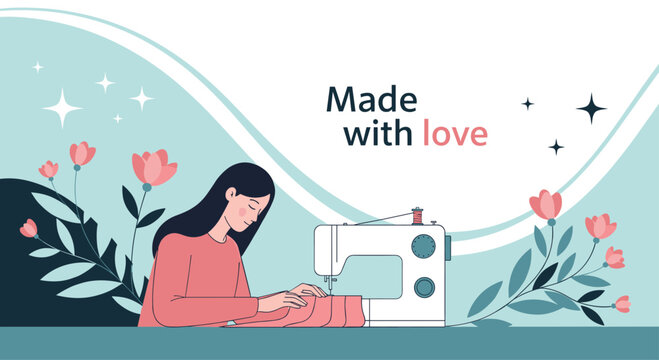 Illustration of a woman sewing fabric on a machine with the text made with love and decorative floral elements for a handmade business.