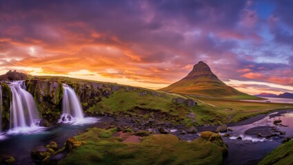 Naklejka premium The Kirkjufellsfoss is a series of iconic waterfalls situated in front of Kirkjufell mountain on the Snæfellsnes Peninsula in Iceland