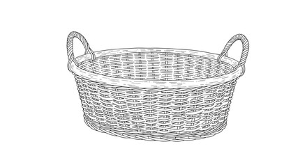 Obraz premium Hand drawn sketch of an empty woven wicker laundry basket with two sturdy handles isolated on a clean white background.