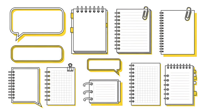 A collection of various outlined stationery elements including speech bubbles notepads and memo pads ideal for digital design on transparent background high-quality professional detailed