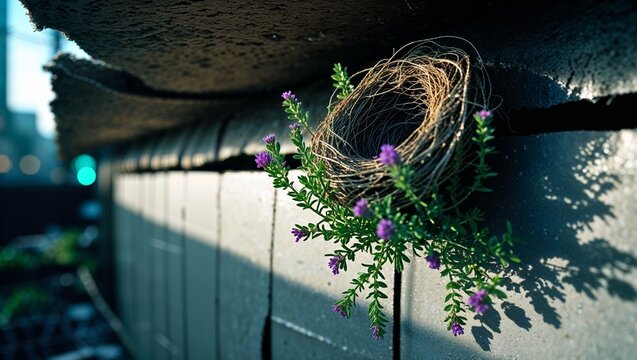 A bird's nest with purple flowers thriving on a crumbling brick wall in urban setting