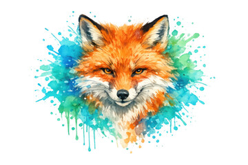 Obraz premium Red fox head watercolor painting with vibrant blue and green paint splashes, creative wild animal portrait illustration