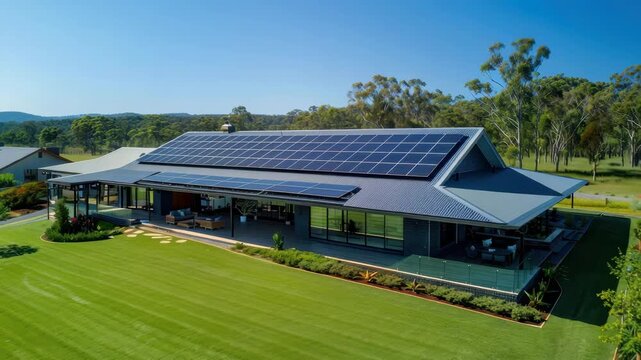 Modern Eco-Friendly Home: A contemporary residence, boasting a sustainable design, with solar panels on its roof, seamlessly integrates with its natural surroundings.