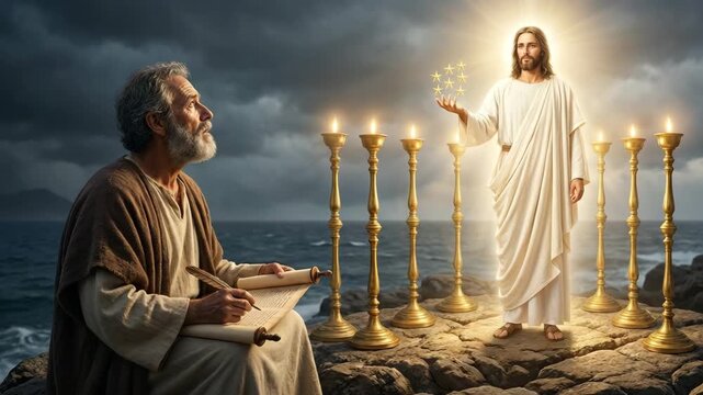 John on the Island of Patmos Experiencing a Vision of Christ with Seven Golden Lampstands and Stars against Dramatic Seaside Background