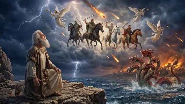 Elderly Man on Patmos Having Prophetic Visions of the Apocalypse with Four Horsemen, Angels, and Mythical Dragon against Stormy Ruined City Background