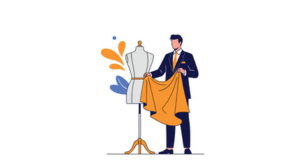 Fototapeta premium Professional male tailor in a suit carefully draping a piece of orange fabric over a white dress form mannequin in a studio.