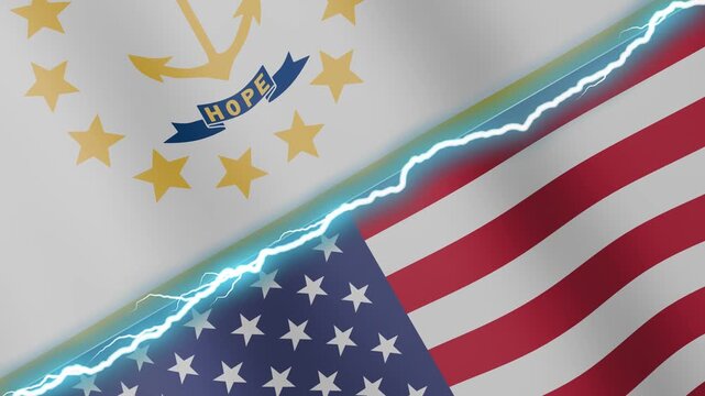 Two waving flags Rhode Island and United States with diagonal lightning seamless, 4k loop