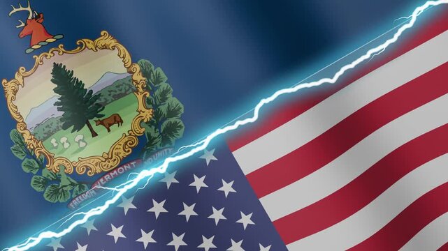 Two waving flags Vermont and United States with diagonal lightning seamless, 4k loop