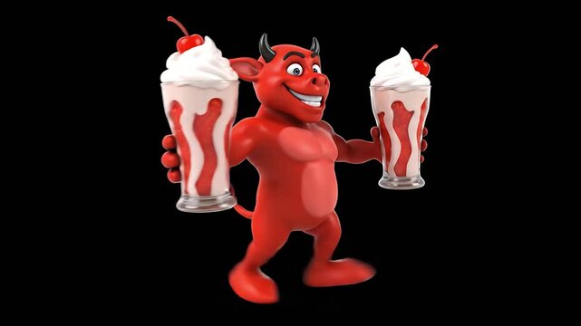 Dynamic cartoon red devil mascot pouring soda with ice cubes spilling aggressively onto a wooden table against a vibrant green screen background for party fun concepts