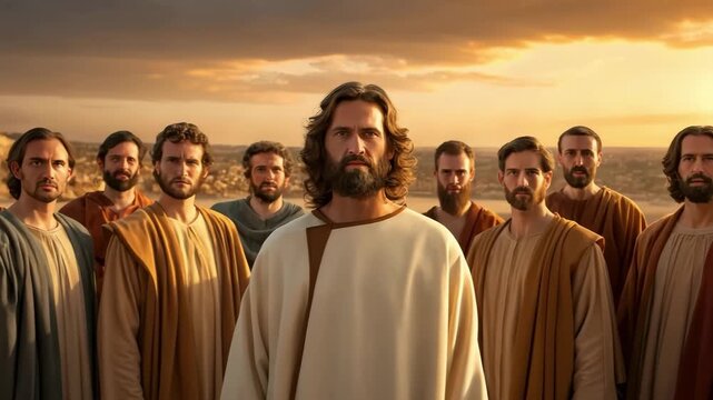 Jesus with apostles in sunlight on hillside, biblical teaching scene concept