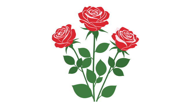 Beautiful group of three vibrant red roses with green stems and leaves against a clean white background for romantic floral design.
