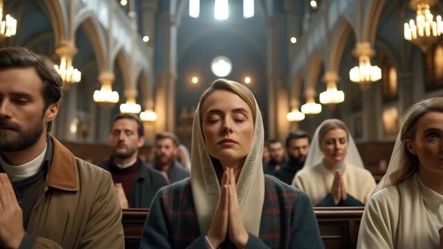 Prayerful woman in cathedral with serene expression and closed eyes, spiritual worship moment concept