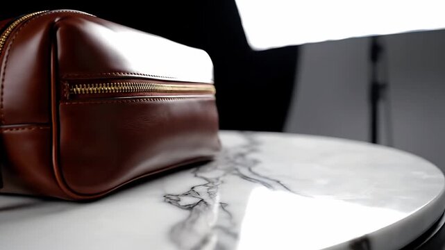 Luxury brown leather bag on marble surface with elegant gold zippers