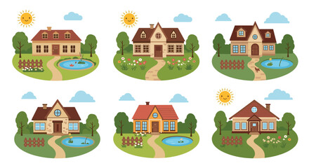 Fototapeta premium Comprehensive set of six different cartoon houses with green lawns and blue ponds under a smiling sun for real estate or kids games.