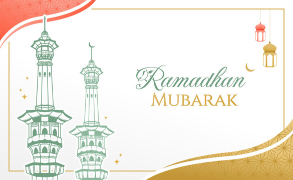 ramadhan mubarak 2026 aesthetic pastel illustration with golden sage color mosque