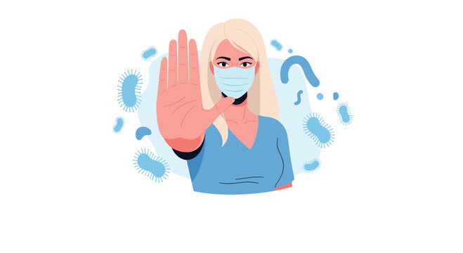 Concerned woman wearing a protective medical face mask holds her hand out in a stop gesture to prevent the spread of harmful bacteria.