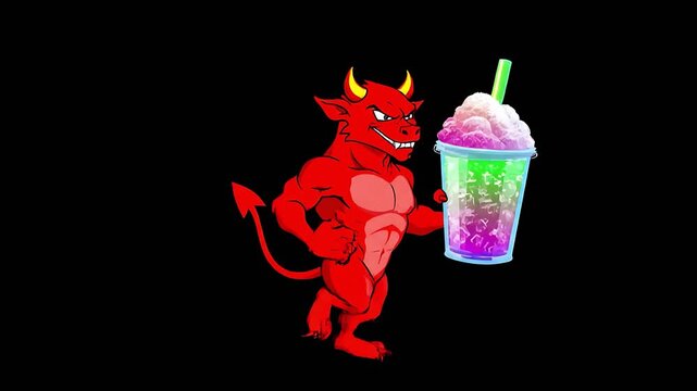 Adorable little red devil mascot character drinking a cold blue frozen slushie beverage cup with an astonished expression on a green screen background