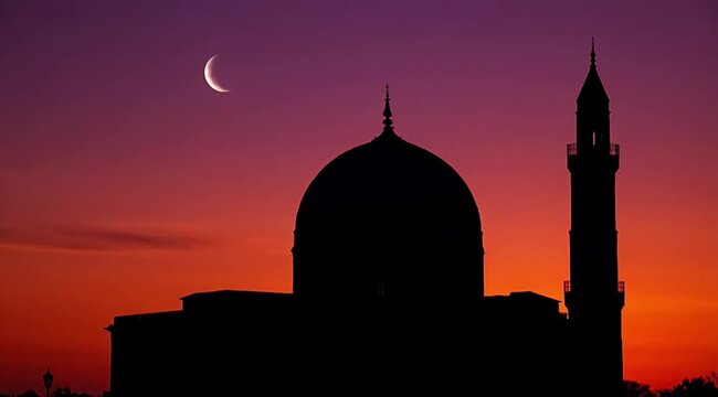 Serene Silhouette of a Mosque Under a Vibrant Sunset Sky, Spiritual Atmosphere of Islamic Worship Place, Scenic Twilight Landscape