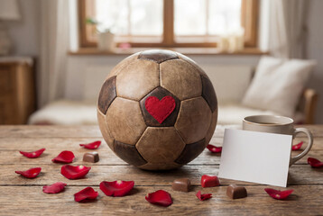 Vintage leather soccer ball with a red heart patch on a wooden table next to a blank card and chocolates for a sports lover's Valentine's Day surprise