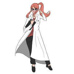 白衣を着たかわいい眼鏡の女性科学者