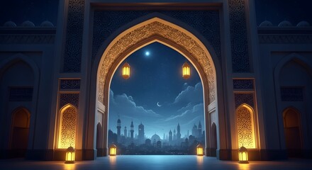 Mystical archway to a celestial cityscape at dusk