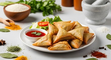 Delicious samosas on a plate with chutney and spices