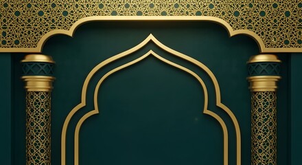 Intricate islamic archway with ornate gold details and dark green background