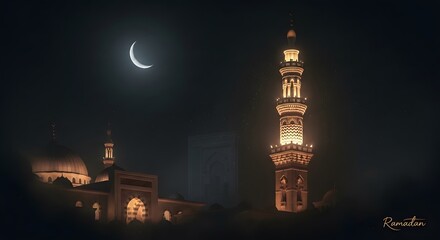 A nighttime view of a lit minaret and crescent moon