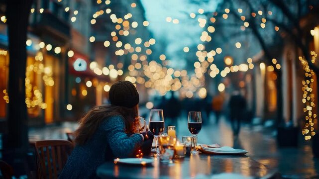 Alone woman enjoying outdoor winter evening dining with warm ambient illumination and beverage
