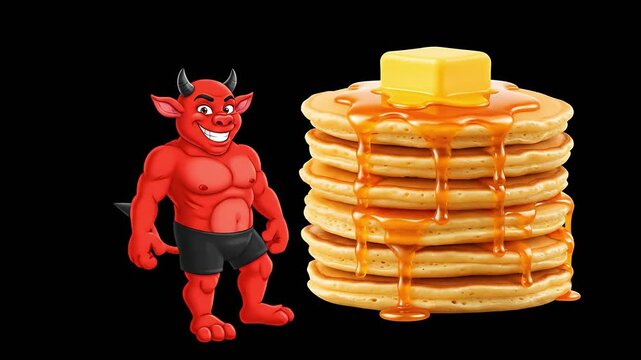 Happy cartoon red devil mascot sitting at a dining table with a large belly and an empty food bowl suggesting overeating indulgence or gluttony on a vibrant green screen backdrop