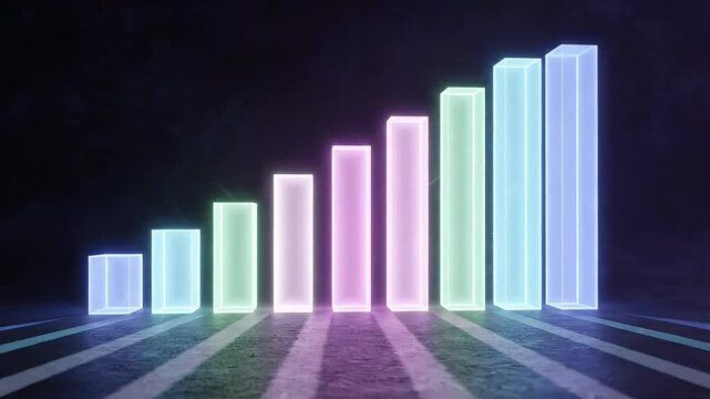 Dynamic digital bar graph visualizing business growth and financial success with vibrant neon glow. Modern data analysis chart representing progress and future economic trends
