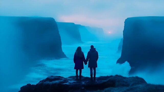 Couple holds hands on rocky outcrop overlooking vast, misty canyon with powerful river below under pale, ethereal sky.