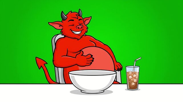 Cute red cartoon devil character happily eating a delicious steaming bowl of spicy Asian ramen noodles illustration mascot on a green background