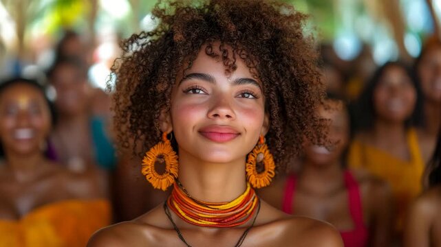 Serene young woman with striking curly locks and bold, sun-hued accessories radiating warmth amidst celebratory community gathering.