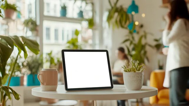 Portable computing device with blank screen beside beverage container on light table in bright room with abundant foliage