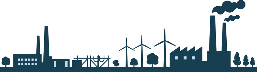 Industrial energy landscape silhouette featuring factories, transmission towers, trees symbolizing contrast between renewable energy and traditional power infrastructure in modern society © MD MIJANUR