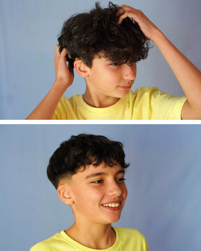 Vertical image of two BEFORE and AFTER pictures of a low fade haircut on a preteen boy with a yellow t-shirt and blue background