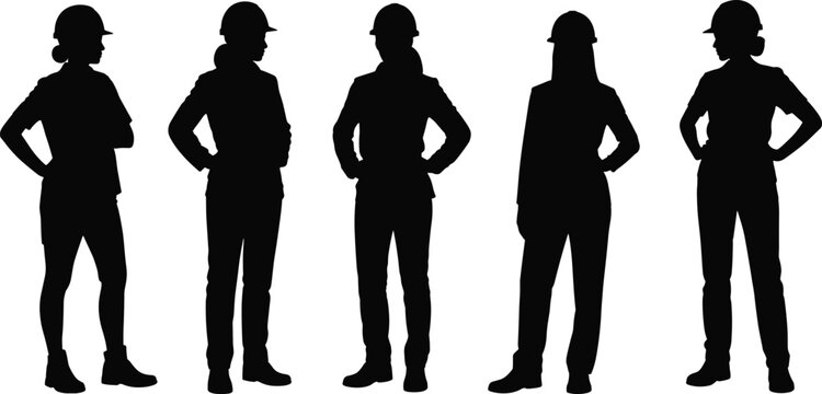 Silhouette of five female construction workers wearing safety helmets and work boots, symbolizing gender diversity, teamwork, labor, safety, and occupational strength in industrial environments