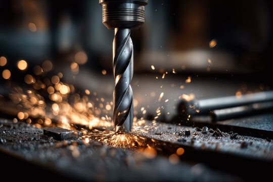 Cordless Drill in Action Close-up of Industrial Metal Drilling with Sparks