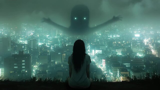 Solitary figure observes spectral, glowing entity looming over hazy, illuminated metropolis at dusk.