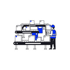 Playful hand drawn line art Automated conveyor belt system Vector illustration